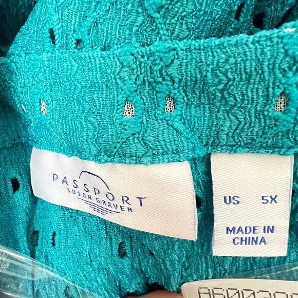 Susan Graver Top Passport Knit Eyelet 3/4 Sleeve Aqua Teal 5X A600386 NEW - Picture 2 of 7
